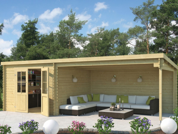 Gartenhaus Blockbohlenhaus St. Louis Exklusiv 28 mm mit 4 m Anbau