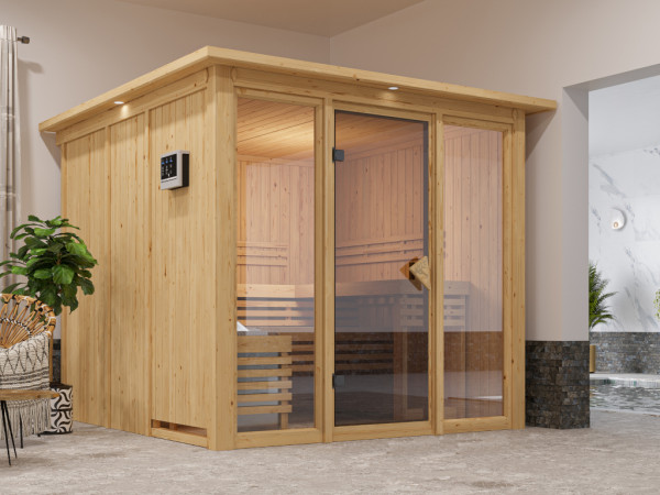 Sauna Systemsauna Sari mit Dachkranz Komplettset mit BIO 9 kW Kombi-Ofen mit externer Steuerung