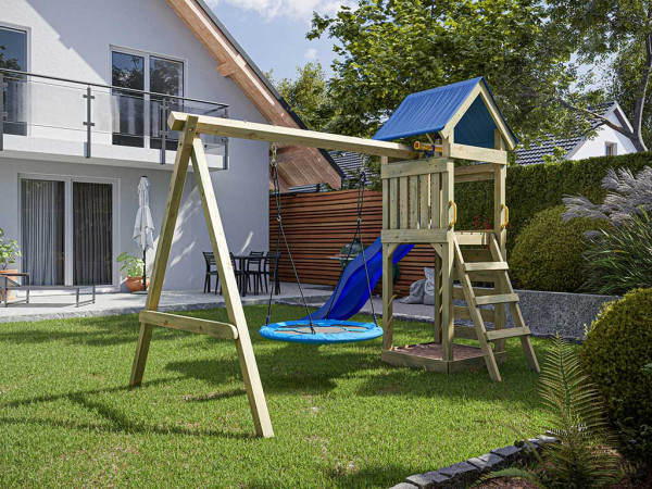 Spielturm Easy KDI inkl. Doppelschaukel inkl. Rutsche blau + Nestschaukel
