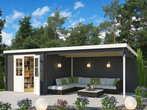Gartenhaus Blockbohlenhaus St. Louis Exklusiv 28 mm carbon grau mit 4 m Anbau