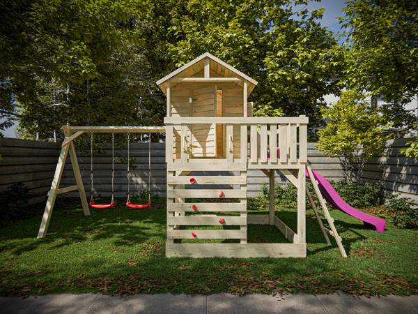 Stelzenhaus Noah kesseldruckimprägniert inkl. Doppelschaukel und Rutsche pink