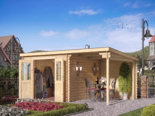Gartenhaus Blockbohlenhaus CA2976 28 mm naturbelassen mit 2 m Anbau