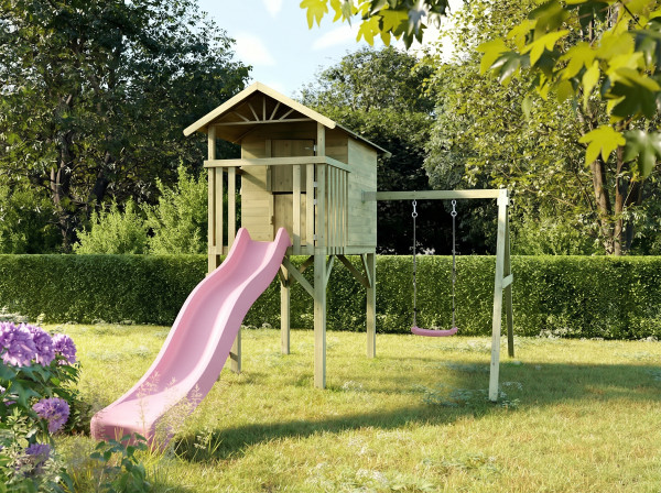Stelzenhaus Tree Hut KDI inkl. Einzelschaukel und Rutsche pink