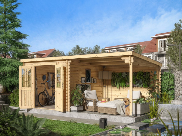 Gartenhaus Blockbohlenhaus CA2977 28 mm naturbelassen mit 3 m Anbau