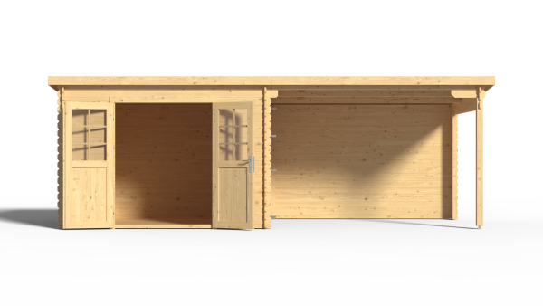 Gartenhaus Blockbohlenhaus CA2977 28 mm naturbelassen mit 3 m Anbau