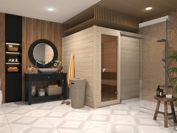 Sauna Massivholzsauna SPARSET Nauttia 1 inkl. 9 kW Bio-Ofen mit externer Steuerung 