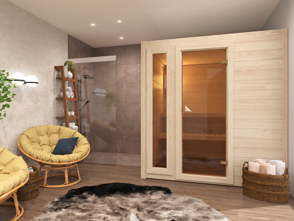 Sauna Massivholzsauna SPARSET Hiki 1 inkl. 9 kW Bio-Ofen mit externer Steuerung 