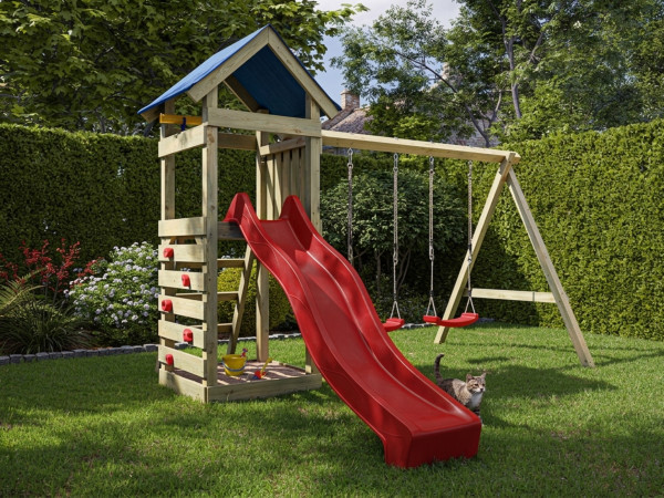 Spielturm Easy KDI inkl. Doppelschaukel inkl. Rutsche rot + Sitze rot