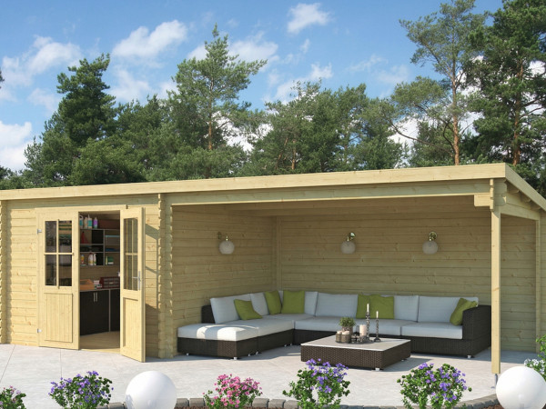 Gartenhaus Blockbohlenhaus St. Louis Exklusiv 28 mm mit 4 m Anbau