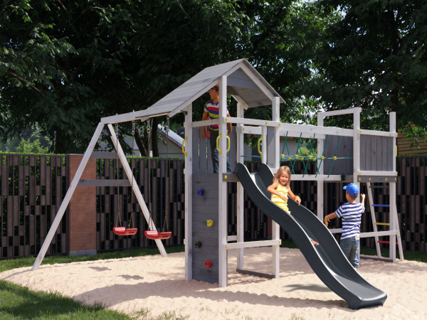 Spielturm Smart 5 Bridge grau-weiß inkl. Rutsche grau