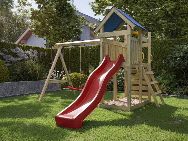 Spielturm Speedy KDI inkl. Doppelschaukel inkl. Rutsche rot + Sitze rot