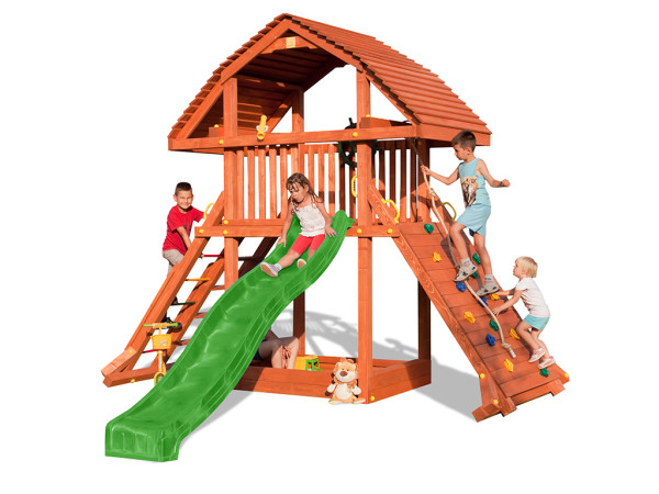 Spielturm Giant teakfarben inkl. Rutsche grün