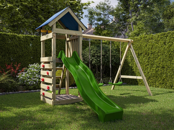 Spielturm Easy KDI inkl. Doppelschaukel inkl. Rutsche grün + Sitze grün