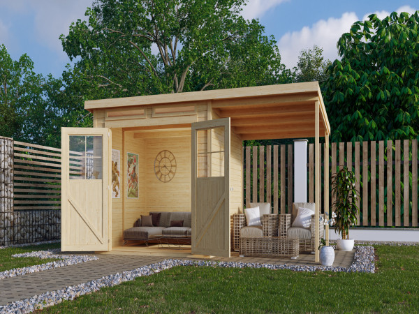 Gartenhaus Glücksberg 4 19 mm naturbelassen inkl. 1,9 m Anbaudach