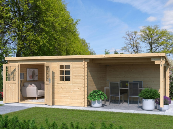 Gartenhaus Blockbohlenhaus CA2987 28 mm naturbelassen mit 3 m Anbau