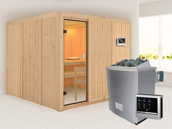 Elementsauna 68 mm Celine 8 SPARSET inkl. 9 kW Saunaofen und ext. Steuerung