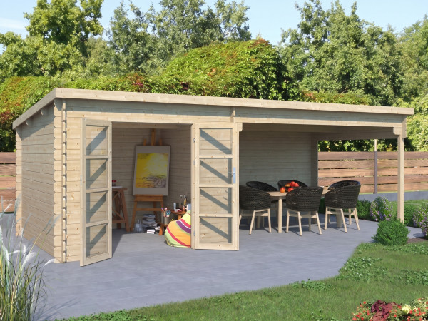 Gartenhaus Homeoffice Blockbohlenhaus Inna 34 mm naturbelassen mit 4 m Anbau