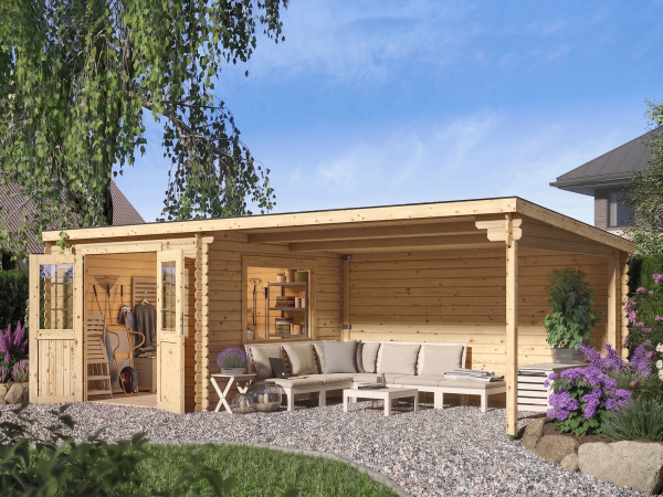 Gartenhaus Blockbohlenhaus CA2978 28 mm naturbelassen mit 4 m Anbau