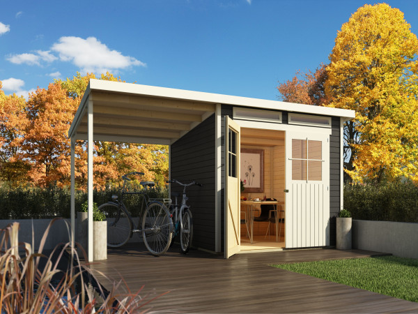 Gartenhaus Glücksberg 4 19 mm terragrau inkl. 190 cm Anbaudach