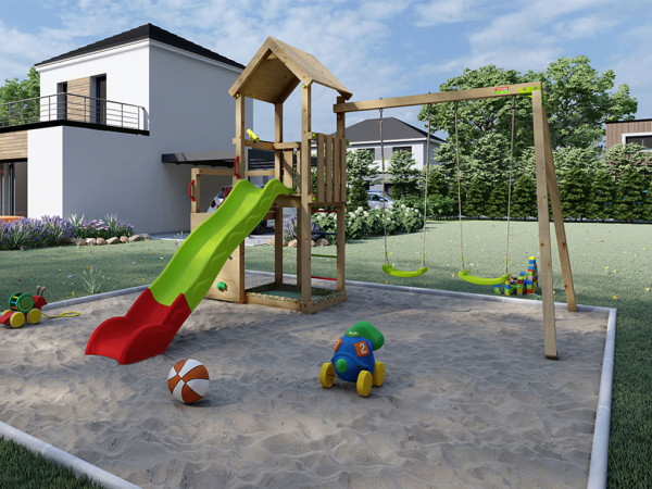 Spielturm Amélie inkl. Doppelschaukel + Rutsche grün-rot