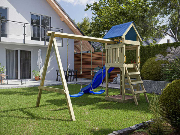 Spielturm Easy KDI inkl. Doppelschaukel inkl. Rutsche blau + Sitze blau
