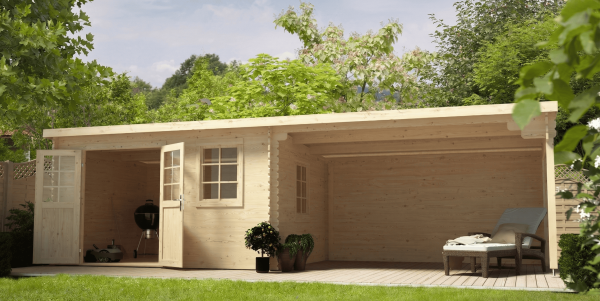 Gartenhaus Blockbohlenhaus CA2988 28 mm naturbelassen mit 4 m Anbau