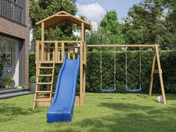 Spielturm Tilly Classic mit Doppelschaukel KDI inkl. Rutsche blau + Sitze blau