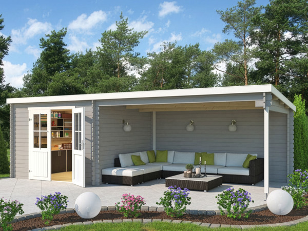 Gartenhaus Blockbohlenhaus St. Louis Exklusiv 28 mm lichtgrau mit 4 m Anbau