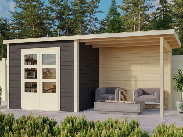 Gartenhaus Wacken 5 28 mm terragrau inkl. 3 m Anbau + Rückwand