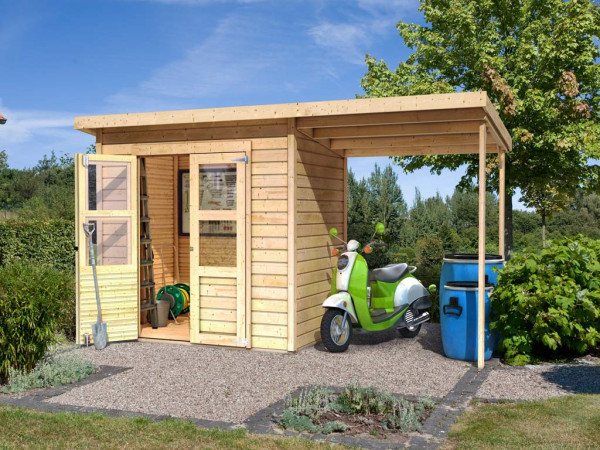 Gerätehaus Merseburg 3 14 mm naturbelassen inkl. 140 cm Anbau