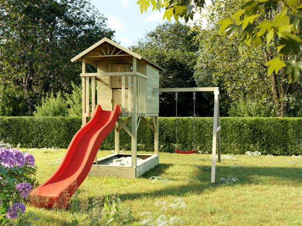 Stelzenhaus Tree Hut mit Sandkasten KDI inkl. Einzelschaukel und Rutsche rot