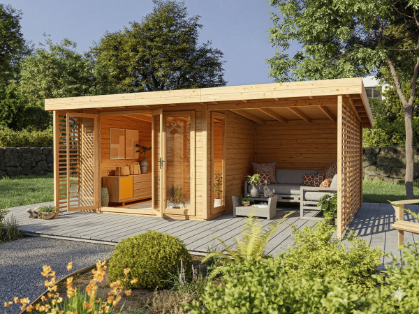 Gartenhaus Homeoffice Arvo 28 mm naturbelassen mit 250 cm Anbau