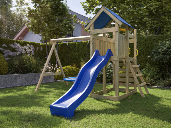 Spielturm Speedy KDI inkl. Doppelschaukel inkl. Rutsche blau + Nestschaukel