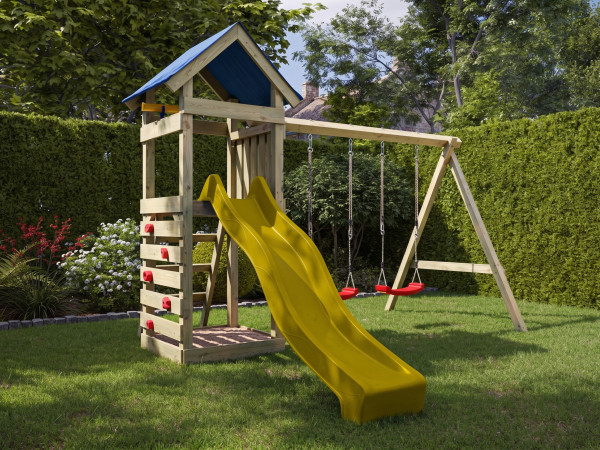 Spielturm Easy KDI inkl. Doppelschaukel inkl. Rutsche gelb + Sitze rot