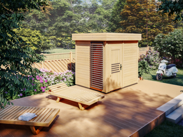 Gartensauna Amos Komplettset mit 9 kW Ofen M90E Top Steel mit integrierter Steuerung