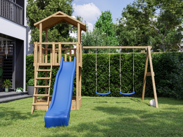 Spielturm Tilly Classic mit Doppelschaukel KDI inkl. Rutsche blau + Sitze blau