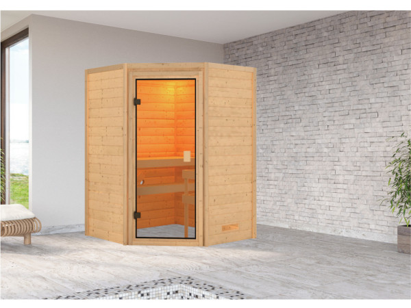 Karibu Massivholzsauna 38mm Stefanie SPARSET inkl. 4,5 kW Bio-Kombiofen und ext. Steuerung