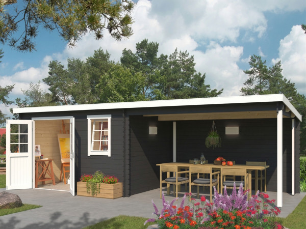 Gartenhaus Blockbohlenhaus Aida 800 28 mm carbongrau mit 3,8 m Anbau