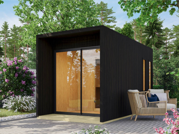 Gartensauna Nero 73 mm mit Glastür, schwarz lasiert SPARSET inkl. 9kW Ofen mit integrierter Steuerun