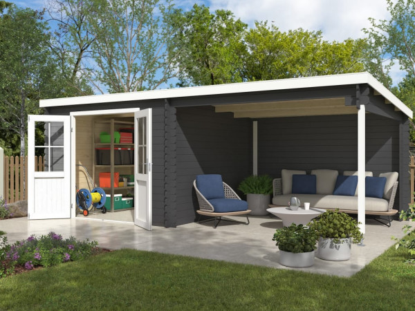 Gartenhaus Blockbohlenhaus Orlando Exklusiv 28 mm carbongrau mit 3 m Anbau