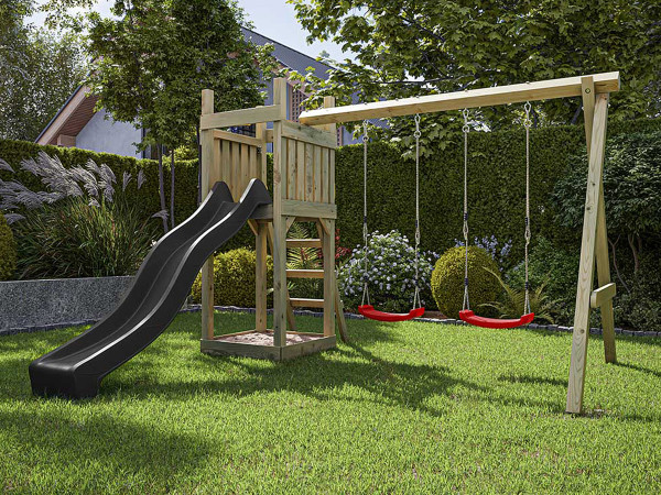 Spielturm Skinny KDI inkl. Doppelschaukel inkl. Rutsche grau + Sitze rot