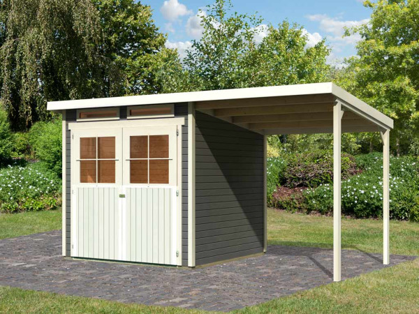 Gartenhaus Glücksberg 3 19 mm terragrau inkl. 190 cm Anbaudach