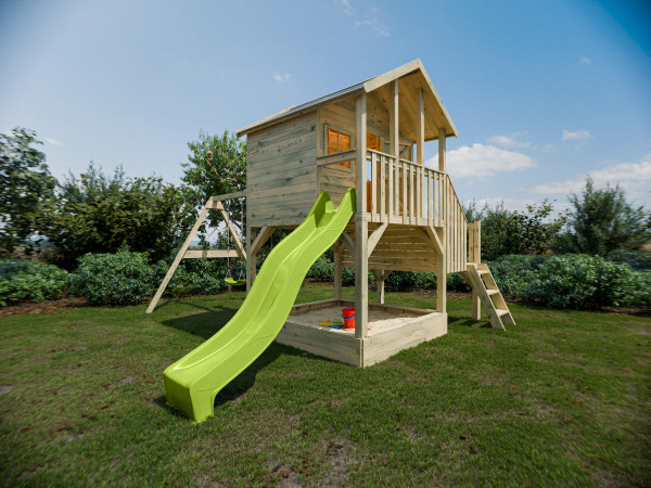 Stelzenhaus Big House L mit Sandkasten KDI inkl. Doppelschaukel und Rutsche grün