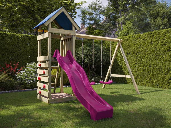 Spielturm Easy KDI inkl. Doppelschaukel inkl. Rutsche pink + Sitze pink
