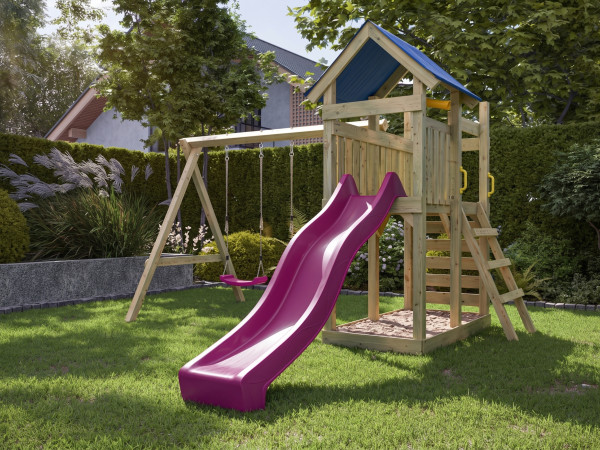 Spielturm Speedy KDI inkl. Doppelschaukel inkl. Rutsche pink + Sitze pink