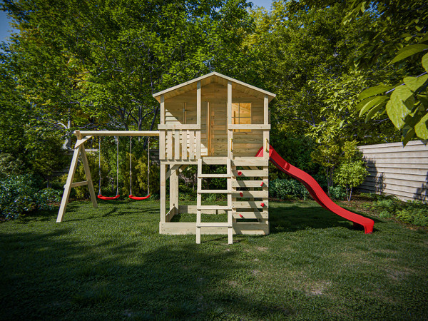 Stelzenhaus Henry kesseldruckimprägniert inkl. Doppelschaukel und Rutsche rot