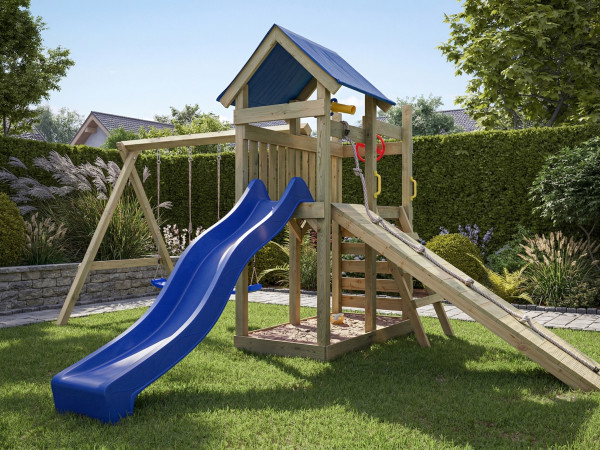 Spielturm Hefty KDI inkl. Doppelschaukel inkl. Rutsche blau + Sitze blau
