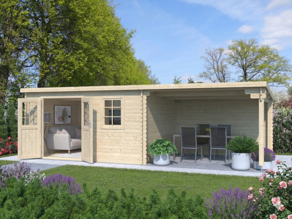 Gartenhaus Blockbohlenhaus CA2987 28 mm naturbelassen mit 3 m Anbau