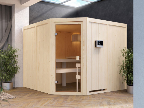 Sauna Systemsauna Celine 7 Eckeinstieg Doppelliege energiesparend