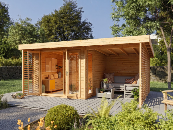 Gartenhaus Homeoffice Arvo 28 mm naturbelassen mit 250 cm Anbau